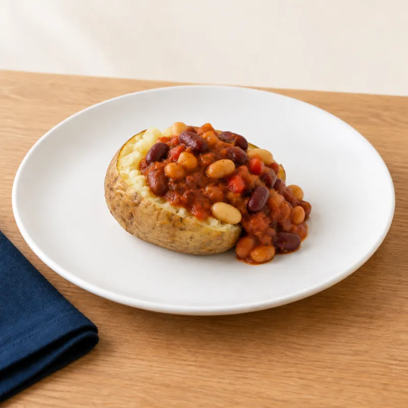 Jacket potato topped with Mexican 3 bean chilli