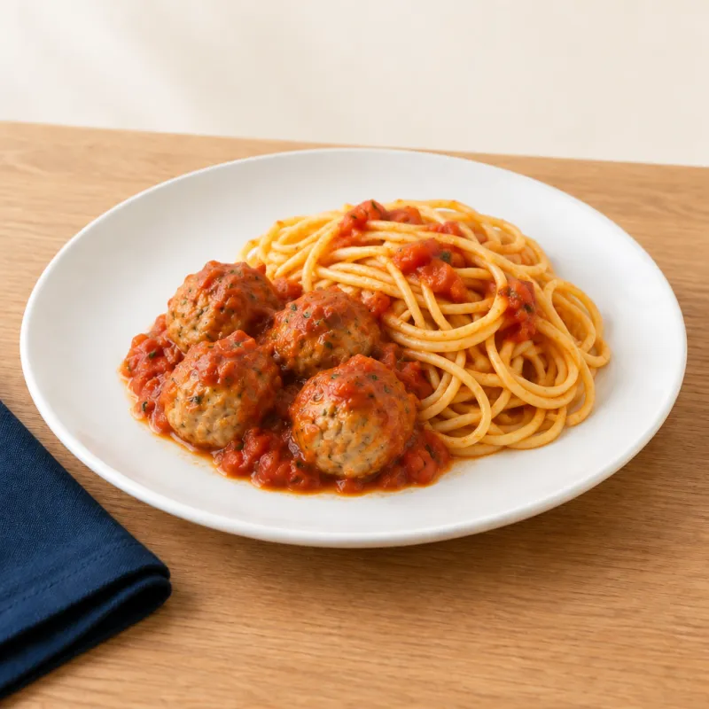 Chicken or vegetarian meatballs served with spaghetti