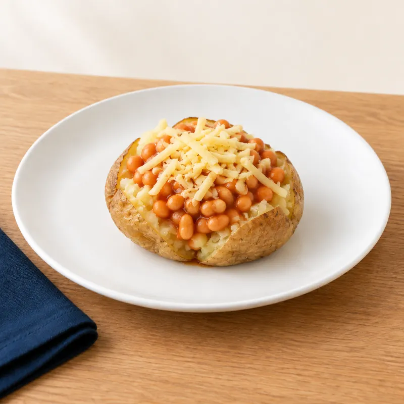 Jacket potato topped with cheese and baked beans