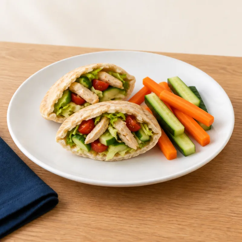 Chicken or Quorn pitta pockets served with crudités