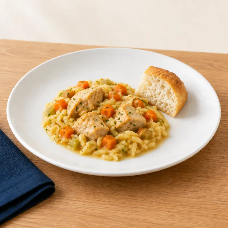Orzo chicken or tofu stew served with bread