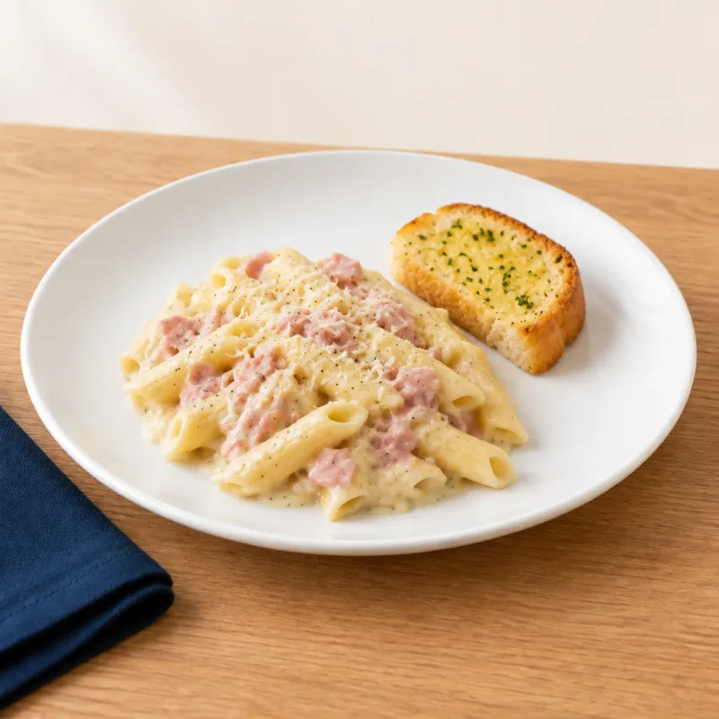 Ham or mushroom carbonara served with garlic bread