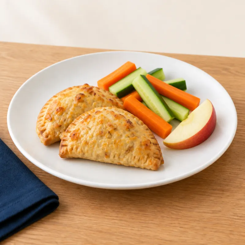 Cheese and onion turnovers, crudités and a fruit slice