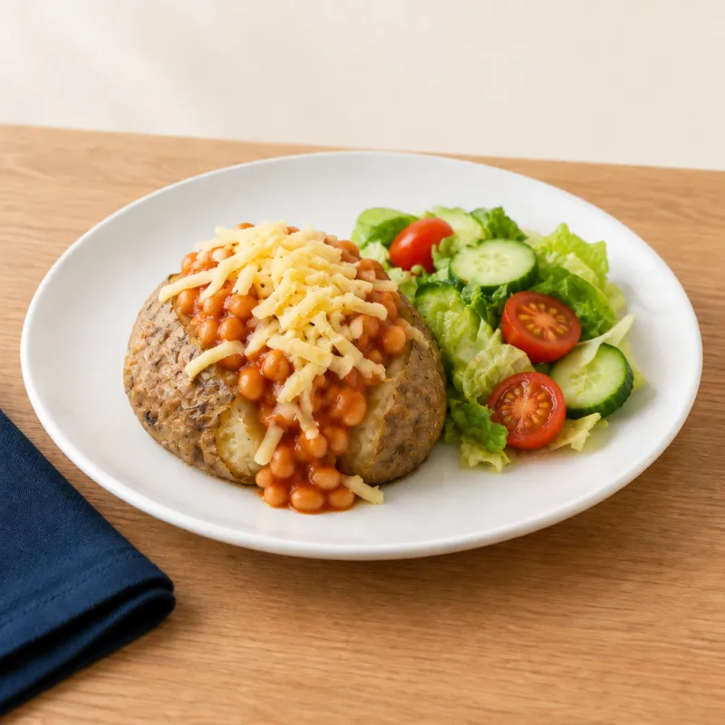 Jacket potato with baked beans and cheese with Cucumber