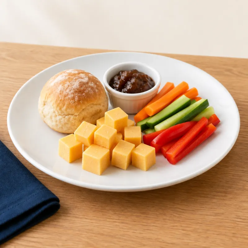 Mini cheese ploughman's tea (bread, cheese, crudités and chutney)
