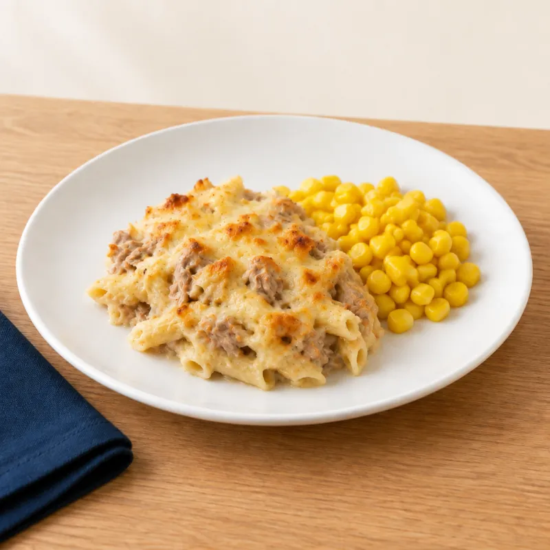 Tuna or tofu pasta bake served with a side of sweetcorn
