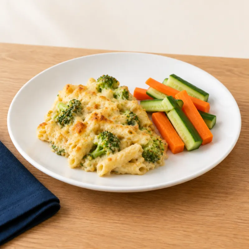 Cheese and broccoli pasta bake served with crudités