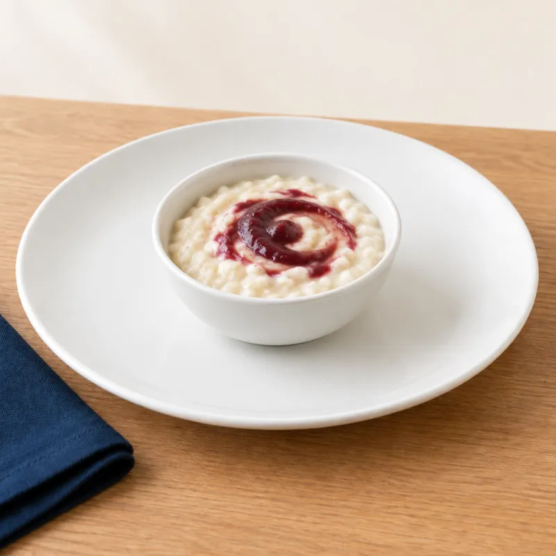 Rice pudding and plum purée