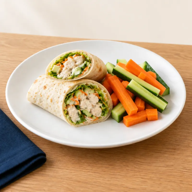 Lemon Quorn or chicken wraps with garlic mayo and crudités