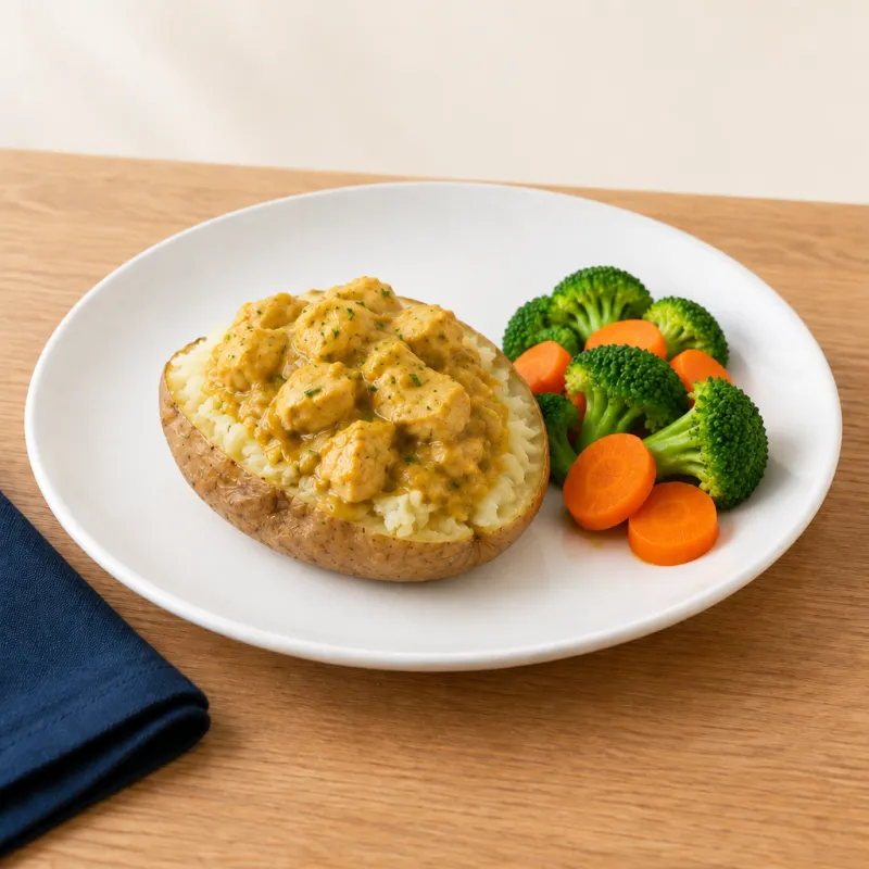 Jacket potato topped with a chicken or lentil curry