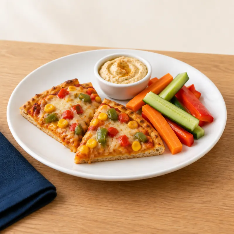 Vegetable pizza (sweetcorn, mixed peppers and onions) served with crudités and no sesame hummus