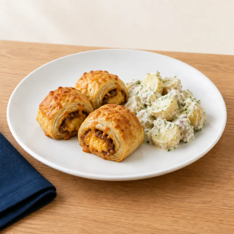 Cheese and Marmite puff pastry rolls served with potato salad