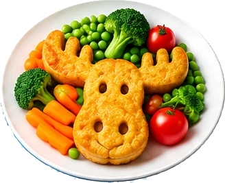 A moose-shaped potato on a plate of vegetables