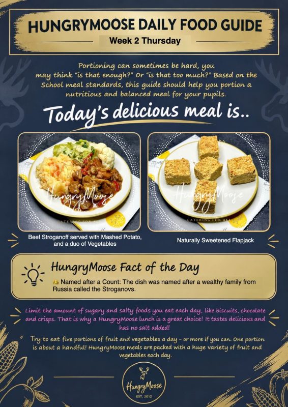 Daily Food Guide: Week 2 Thursday – Beef Stroganoff served with Mashed Potato, and a duo of Vegetables